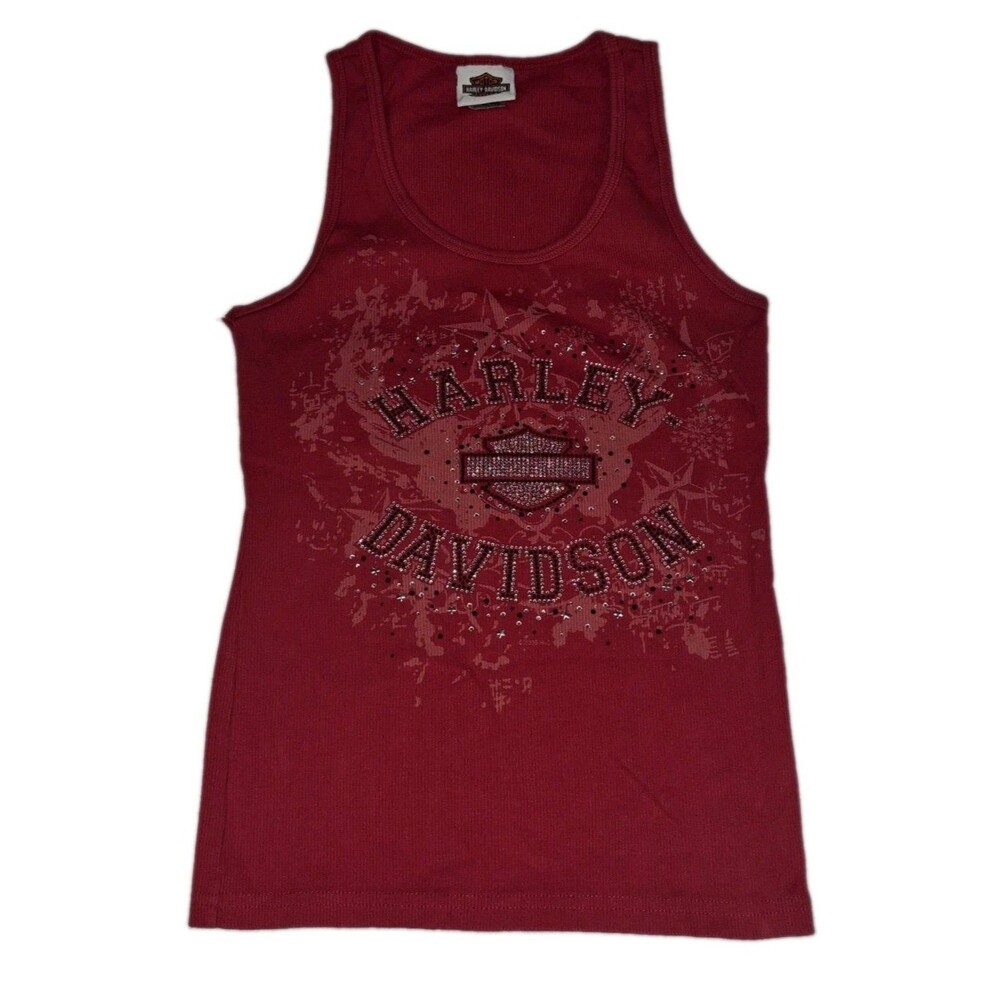 Harley Davidson Womens M Red Rhinestone Tank Top Black Hills Rapid City FLAW